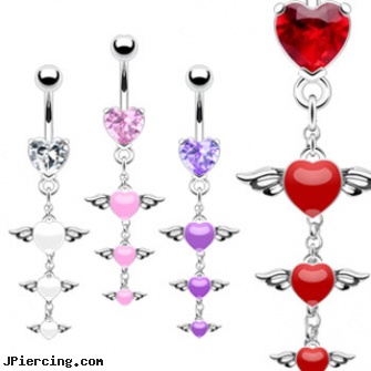Jeweled heart navel ring with winged hearts dangle, jeweled belly rings, 18g jeweled labrets, jeweled navel slave rings, steel my heart jewlry, heart pics