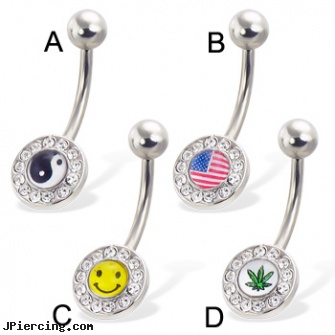 Jeweled logo belly button ring, jeweled navel slave rings, jeweled labrets, gold jeweled labret ring, oakland raider logo tongue rings, belly button rings logo