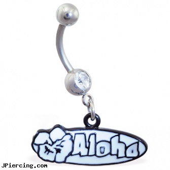 Jeweled Navel Ring with Dangling \"Aloha\" Sign, jeweled navel slave rings, jeweled labrets, gold jeweled labret ring, information on navel piercing, navel piercings done at captive bead in rahway nj