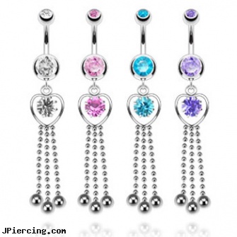 Jeweled navel ring with dangling heart and chains, 18g jeweled labrets, jeweled labrets, jeweled belly rings, fraggle rock navel ring, infectin at navel piercing site