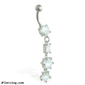 Jeweled navel ring with dangling jeweled shapes, jeweled navel slave rings, jeweled belly rings, 18g jeweled labrets, navel rings and gauge sizes, navel ring pain