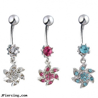 Jeweled navel ring with dangling jeweled swirl flower, jeweled belly rings, 18g jeweled labrets, jeweled labrets, photo of girls navel, patrick navel rings