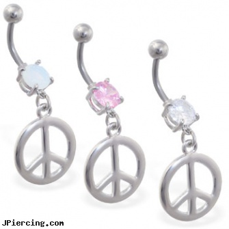 Jeweled navel ring with dangling peace sign, jeweled belly rings, 18g jeweled labrets, jeweled labrets, free navel jewelry, navel piercing faq