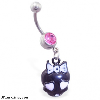 Jeweled navel ring with dangling pink and black girly skull, jeweled belly rings, jeweled navel slave rings, gold jeweled labret ring, wholesale navel rings, body jewelry superman belly button ring navel