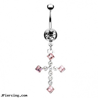 Jeweled navel ring with dangling pink jeweled cross, 18g jeweled labrets, gold jeweled labret ring, jeweled belly rings, piercing infection navel, change navel piercing