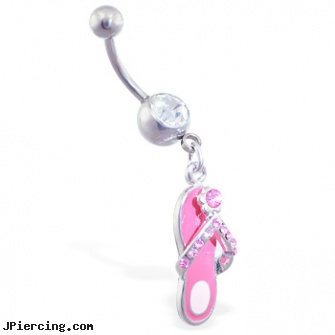 Jeweled navel ring with dangling pink jeweled flipflop and flower, jeweled labrets, jeweled navel slave rings, gold jeweled labret ring, 14 karet gold navel rings, navel piercing facts