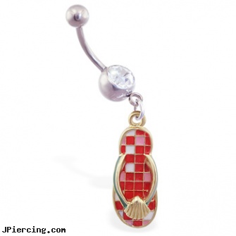 Jeweled navel ring with dangling red checkered flipflop with shell, gold jeweled labret ring, jeweled labrets, jeweled navel slave rings, prices navel piercings, pregnant navel rings