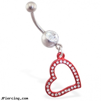 Jeweled navel ring with dangling red jeweled heart, jeweled navel slave rings, jeweled belly rings, gold jeweled labret ring, body piercing navel clamps, strawberry shortcake belly ring navel