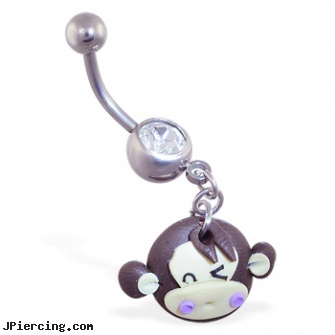 Jeweled Navel Ring with Dangling Winking Monkey Head, 18g jeweled labrets, jeweled labrets, jeweled belly rings, pearl navel ring, navel piercing infections and treatment