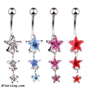 Jeweled star navel ring with dangling jeweled stars, jeweled navel slave rings, gold jeweled labret ring, jeweled labrets, star tatoos, how to get started in body peircing