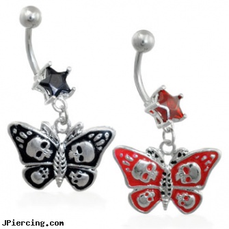 Jeweled star navel ring with dangling skull butterfly, jeweled labrets, jeweled navel slave rings, 18g jeweled labrets, star tongue barbells, star tattoos