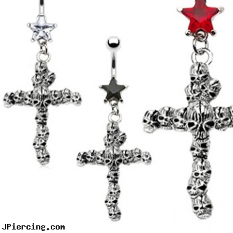 Jeweled Star Navel Ring with Dangling Skull Cross, jeweled belly rings, jeweled navel slave rings, gold jeweled labret ring, pornstars with tongue rings, how to get started in body peircing