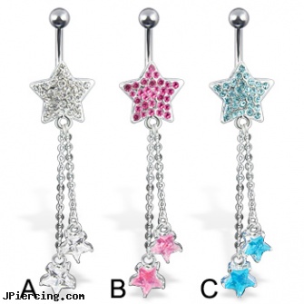 Jeweled star with dangles belly button ring, jeweled belly rings, gold jeweled labret ring, jeweled labrets, star tatoos, star tattoos