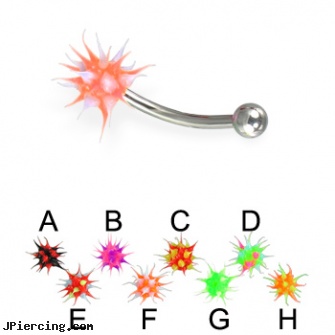Koosh and steel ball eyebrow ring, 18 ga, belly navel color flashing koosh ring, blinking koosh ball belly ring, cold steel body jewelry, stainless steel chain az, stainless steel triple cock ring