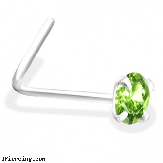 L-Shaped Silver Nose Pin with  Peridot CZ, horseshoe shaped items, l-shaped nose jewelry, crescent shaped piercing expanders, silver jewelry, sterling silver navel jewelry