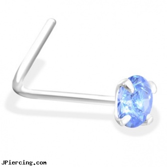 L-Shaped Silver Nose Pin with Aquamarine  CZ, horseshoe shaped items, flower shaped labret jewerly, heart shaped belly button ring, silver navel ring, sterling silver nose rings