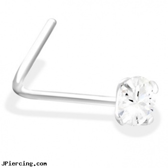 L-Shaped Silver Nose Pin with Clear CZ, shaped nose pins at wholesale, horseshoe shaped items, shaped nose studs, sterling silver navel jewelry, silver nipple rings