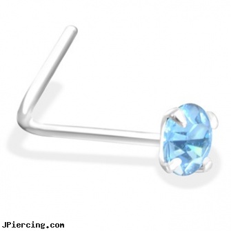 L-Shaped Silver Nose Pin with Light Blue CZ, crescent shaped piercing expanders, shaped nose studs, horseshoe shaped items, 22 gauge silver nose ring, sterling silver nose studs