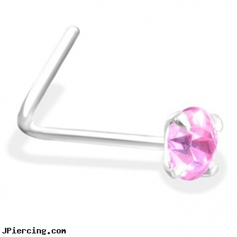 L-Shaped Silver Nose Pin with Pink CZ, shaped nose pins at wholesale, horseshoe shaped items, flower shaped labret jewerly, sterling silver naval rings, silver nose stud