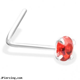 L-Shaped Silver Nose Pin with Red CZ, crescent shaped piercing expanders, 18ga l-shaped nose stud, flower shaped labret jewerly, sterling silver nipple rings, disney charms sterling silver