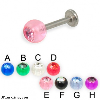 Labret with acrylic jeweled ball, 14 ga, labrette piercing information, small balled labret, talon labret jewlery, acrylic tongue rings barbells, acrylic rainbow belly ring