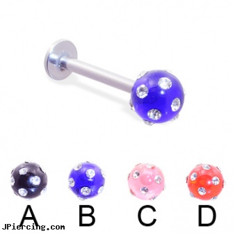 Labret With Multi-Gem Acrylic Colored Ball, 14 Ga, labret piercing risks, labrets rings, surgical steel prong set labrets, pretty girl with tongue piercing, penis ring with push button