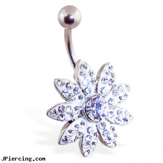 Large jeweled paved flower belly ring, large gauge navel body piercing jewelry, wholesale large ear expanders, large gauge tongue barbell, jeweled navel slave rings, jeweled belly rings