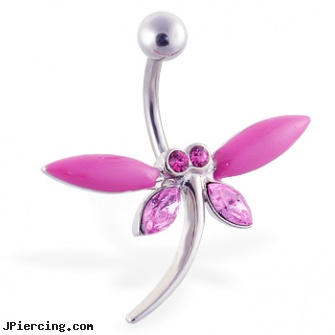 Large pink jeweled dragonfly belly ring, large dark nipple, large nose ring, large gauge navel body piercing jewelry, pink pussy, pink nose piercing