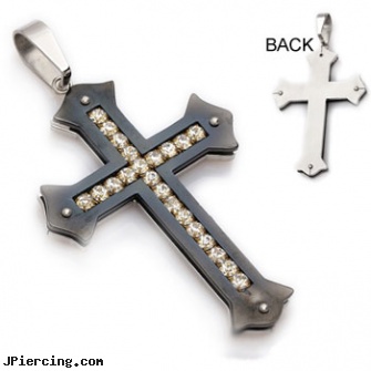Large stainless steel black colored cross pendant with CZs, large clitoris, large guage body jewelry, large belly rings, stainless steel triple cock ring, stainless steel chain az