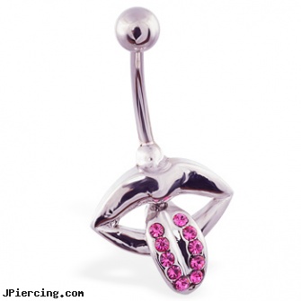 Lips belly ring with pink jeweled tongue dangle, clit clips, mpeg pussy piercing clips, female genital peircing clips, halloween belly rings, bellybutton rings
