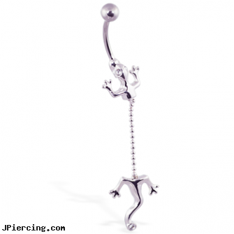 Lizard belly ring with dangling tail on chain, lizard or gecko navel or belly button jewelry or ring, perils of belly button rings, fun belly rings, dragon belly button rings, dangling belly button rings