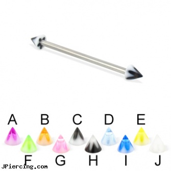 Long barbell (industrial barbell) with acrylic flower cones, 12 ga, long nose piercing pin, how long does it take nose piercing to close up, how long before removing earrings after first ear piercing, barbells for cartilage piercing, straight barbell clear retainer