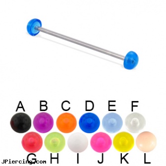 Long barbell (industrial barbell) with acrylic half balls, 14 ga, how long before regrowing tongue peircing, cock ring prolong ejaculation instruction, how long does it take nose piercing to close up, sizes of tongue barbells, tongue barbells genital