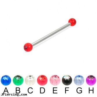 Long barbell (industrial barbell) with acrylic jeweled balls, 12 ga, long island belly button piercing, how long does it take for ear piercing to heal, how long does it take cartilage piercings to heal, how to unscrew barbell body jewelry, helix barbell