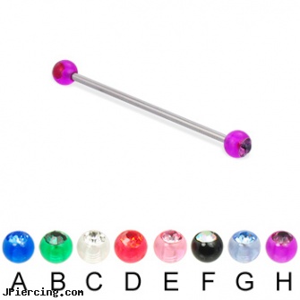 Long barbell (industrial barbell) with acrylic jeweled balls, 14 ga, longhorn navel ring, how long does it take nose piercing to close up, how long will it take for tongue piercing to close, flexible tongue rings barbells, industrial piercing barbells