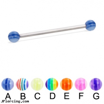 Long barbell (industrial barbell) with acrylic layered balls, 12 ga, how long does it take cartilage piercings to heal, longhorn navel ring, long island belly button piercing, how to unscrew barbell body jewelry, clit hood barbells balls