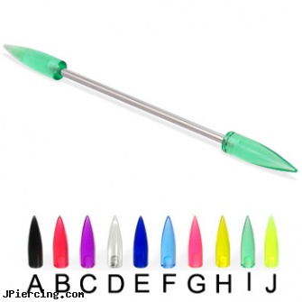 Long barbell (industrial barbell) with acrylic spikes, 14 ga, how long before removing earrings after first ear piercing, longhorn navel ring, how long does it take nose piercing to close up, star tongue barbells, nipple barbell