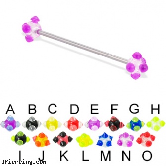 Long barbell (industrial barbell) with acrylic viking balls, 14 ga, how long will it take for tongue piercing to close, longhorn navel ring, how long before removing earrings after first ear piercing, tips for putting in tongue barbell, beach ball barbell and eyebrow piercing