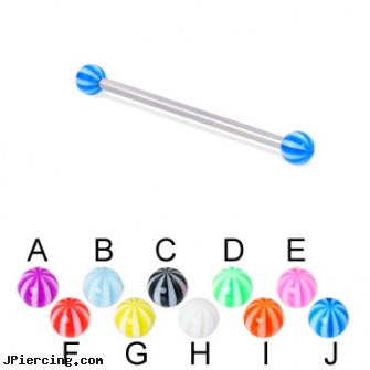 Long barbell (industrial barbell) with beach balls, 12 ga, how long will it take for tongue piercing to close, how long before regrowing tongue peircing, longhorn navel ring, flat disk barbells, barbells