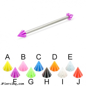 Long barbell (industrial barbell) with beach cones, 12 ga, how long does it take nose piercing to close up, long nose piercing pin, how long will it take for tongue piercing to close, 14 gauge curved barbell, internally threaded straight barbells