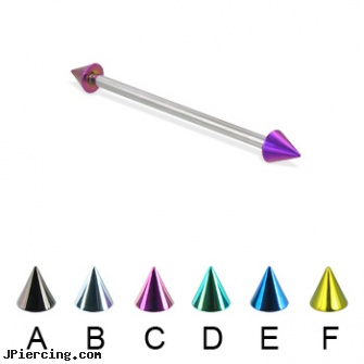 Long barbell (industrial barbell) with colored cones, 12 ga, how long does it take cartilage piercings to heal, longhorn navel ring, how long will it take for tongue piercing to close, barbell body jewelry, 14 gauge curved barbell