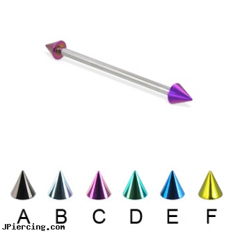 Long barbell (industrial barbell) with colored cones, 12 ga, how long does it take cartilage piercings to heal, longhorn navel ring, how long will it take for tongue piercing to close, barbell body jewelry, 14 gauge curved barbell