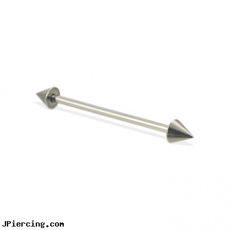Long barbell (industrial barbell) with cones, 12 ga, how long will it take for tongue piercing to close, long island belly button piercing, long nose piercing pin, barbells, guage barbell tongue