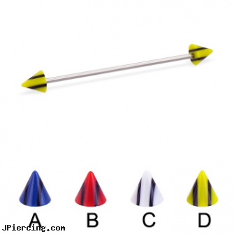 Long barbell (industrial barbell) with double striped cones, 16 ga, long belly botton rings, longhorn navel ring, how long does it take nose piercing to close up, barbell 14 ga, barbells