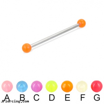Long barbell (industrial barbell) with glow-in-the-dark balls, 12 ga, how long does it take for ear piercing to heal, how long does it take cartilage piercings to heal, how long does it take for tongue piercing to heal, barbell piercings, navel piercing barbell titanium