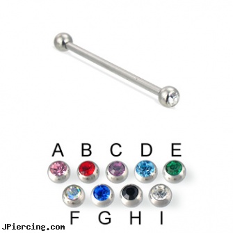 Long Barbell (Industrial Barbell) with Jeweled Balls, 12 Ga, how long does it take nose piercing to close up, long belly botton rings, long nose piercing pin, industrial piercing barbells, rhinestone belly button barbells