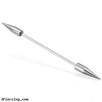 Long barbell (industrial barbell) with spikes, 16 ga, how long does it take for ear piercing to heal, how long does it take nose piercing to close up, cock ring prolong ejaculation instruction, belly button rings and barbells, clit hood barbells balls