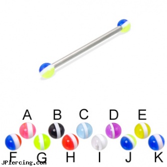 Long barbell (industrial barbell) with striped balls, 12 ga, how long before regrowing tongue peircing, how long does it take for tongue piercing to heal, how long does it take nose piercing to close up, colored nipple barbells, body jewellery barbell