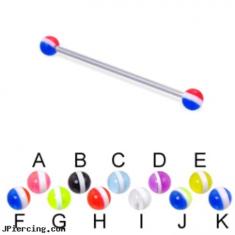Long barbell (industrial barbell) with striped balls, 14 ga, long island belly button piercing, longhorn navel ring, how long does it take for tongue piercing to heal, cheap barbells and tongue rings, navel barbell with elvis