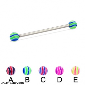 Long barbell (industrial barbell) with wave balls, 12 ga, how long before removing earrings after first ear piercing, how long does it take nose piercing to close up, long island belly button piercing, petite shaft belly barbells, spiral barbell
